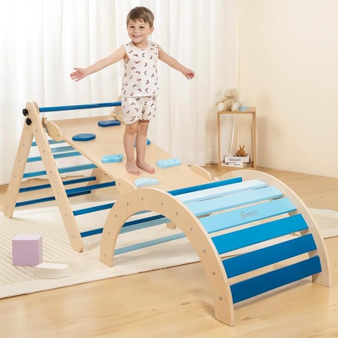Pikler Triangle Set with Cushion, 8-in-1 Toddler Climbing Toys Indoor, Wooden Montessori Climbing Set with Arch Ramp,Ladder&Tent Cloth, Baby Indoor Climber Jungle Gyms for Toddlers Toy, Blue