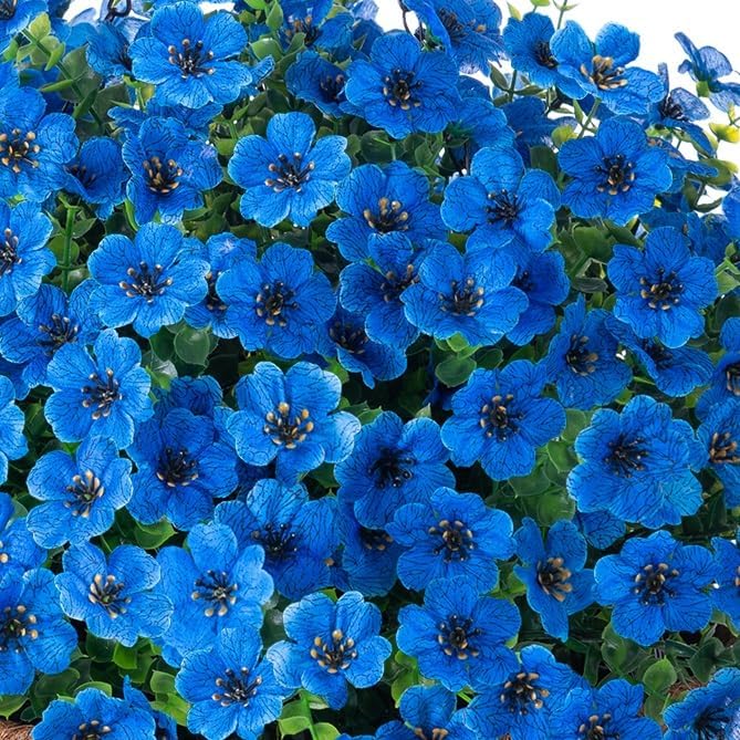 Artificial Fake Hanging Plants Flowers with Basket Outdoor Decor Faux Silk Daisy Flower Arrangements in Pot Planter for Porch Home Indoor Patio Garden Yard Decoration, Blue