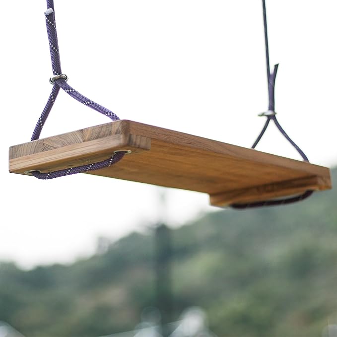Teak Wood Swing 18.6"x7.6" - Outdoor Wooden Tree Swing Seat for Adults & Kids, Backyard Wood Swings with Height Adjustable Design