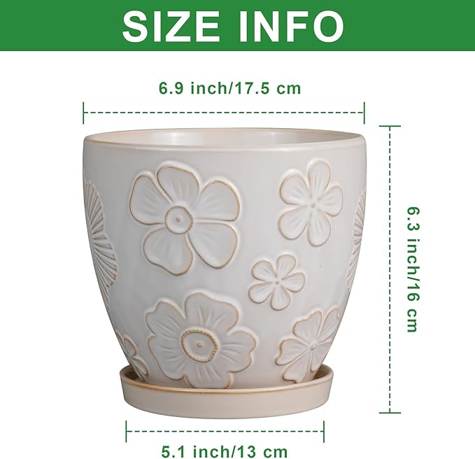 6 Inch Plant Pot with Drainage Hole and Saucer Ceramic Planter for Indoor Plant Flower Pot for Orchid Succulents Plants White