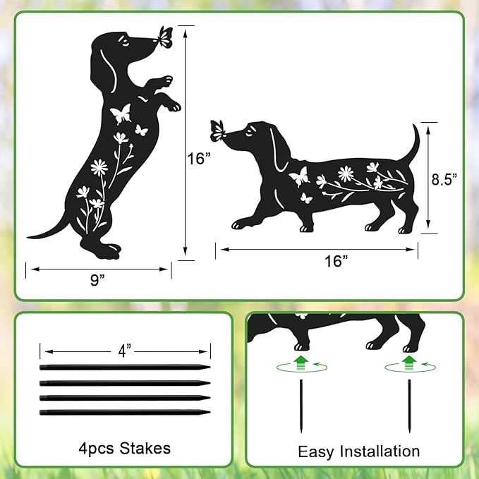 Pack 2 Dog Metal Garden Decor for Outside,Dachshund Silhouette Garden Stakes,Garden Statues for Yard,Lawn,Pathway