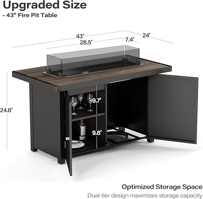 LAUSAINT HOME Propane Fire Pit Table 43 Inch with Lid, 55,000 BTU Gas Fire Pits for Outside Patio with Glass Wind Guard, Gray Glass Beads