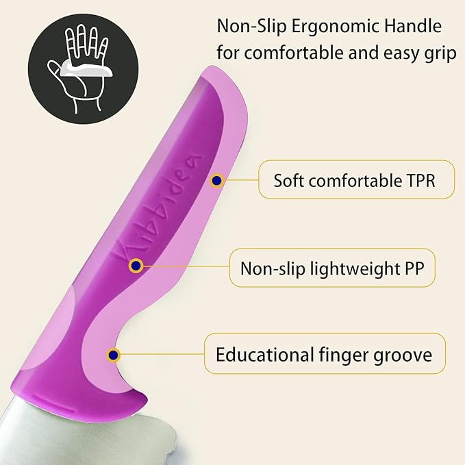 Kibbidea 4 Pcs kids knife set for real cooking, Kids First Cutting Knives Set, Round Tip Kids Friendly Kitchen Knife, BPA-free Stainless Steel Kids Chef Knife to Learn to Cook (Violet)