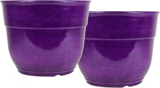 Garden Elements Indoor/Outdoor Glazed Brushed Happy Plastic Planter, Large, Dark Purple, 15" (Pack of 2)