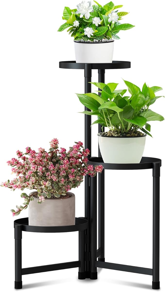Metal Plant Stand Shelf Rack Indoor Outdoor Multiple Black 3 Tier Tall Corner Flower Pot Holder Stands Tiered Wrought Iron Planter Shelves for Patio Living Room Balcony Office (3 tier)