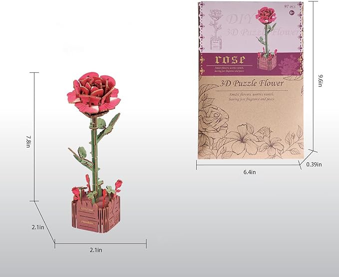 3D Wooden Puzzles for Kids DIY Wooden Flower Building Block Set Craft for Children Adults to Build Valentine's Day/Mother's Day/Teacher's Day/Birthday Gifts (Rose)