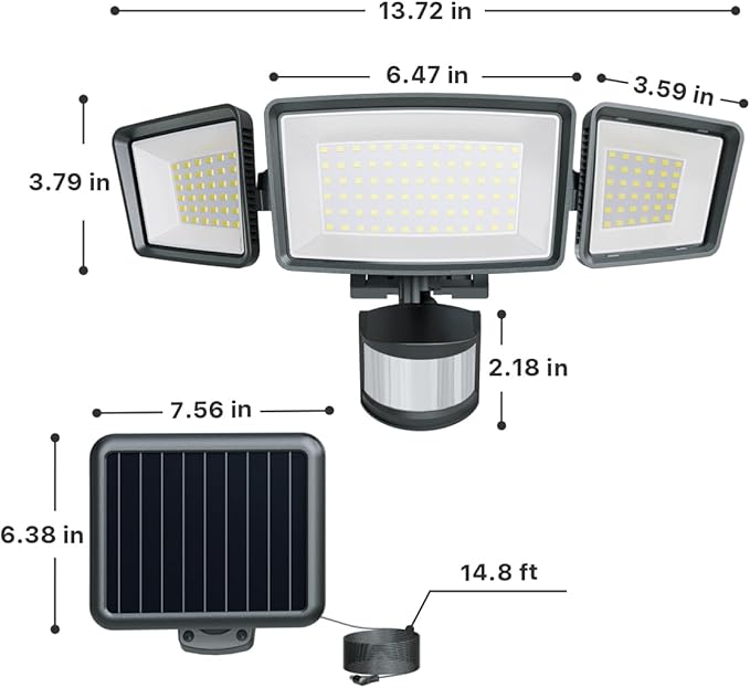 Ensenior 1800LM Solar Flood Lights Outdoor, Motion Sensor Outdoor Light 6500K, IP65 Waterproof, Separate Solar Panel, Solar Security Light with 5 Sensor Modes and 3 Adjustable Head for Yard (Black)