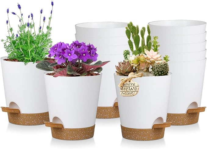 12 Pack 4 Inch Self Watering Plant Pots with Drainage and Saucers,Plastic Flower Pots for Indoor and Outdoor Plants, Nursery Planters for Houseplants and Herbs White Brown, 4 inch 12pcs