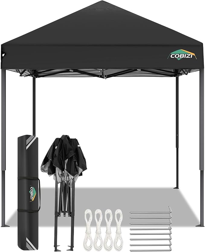 COBIZI 6.6x6.6ft Pop Up Canopy Tent, Heavy Duty Canopy Easy Set up All Weather Waterproof Outdoor Canopy Tent for Parties, Beach, Garden, Camping with 1 Handbag, 3 Adjustable Heights, UPF50+, Black