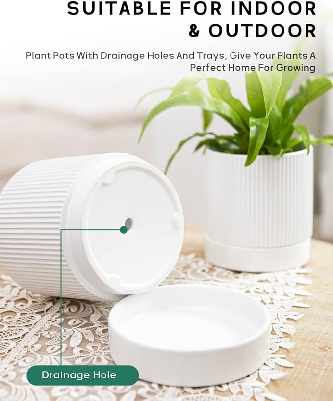 LaDoVita 3 Pack Ceramic Plant Pots 6/5/4 inch, Flowerpot for Indoor Plants with Drainage Holes and Tray, Outdoor Garden Planters, Modern Decorative for Home, White Vertical Stripes