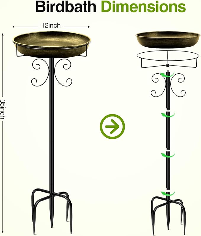 Daoeny 35In Metal Bird Bath for Outside, Vintage Bird Bath Bowl, Detachable Birdbath & Birdfeeder with 5 Prongs Base Stake, Bird Baths for Outdoors Garden Yard Lawn Decor (Antique Golden)