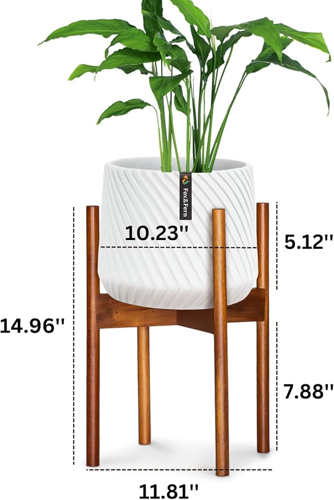 Fox & Fern Mid Century Plant Stand — 10 Inch Fixed Size Wooden Plant Stand for Indoor Planters; Raised Flower Pot Holder for Indoors; Plug In Design; Two Height Options; Easy to Assemble - Acacia
