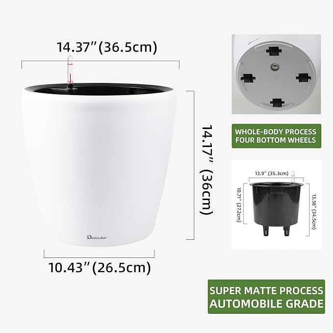 Dexceder 15x14 Self Watering Planter with Wheels Indoor Outdoor, Inner Pot Design, Thickened Large Floor Standing Flower Plant Pot with Water Level Indicator (White Matte)
