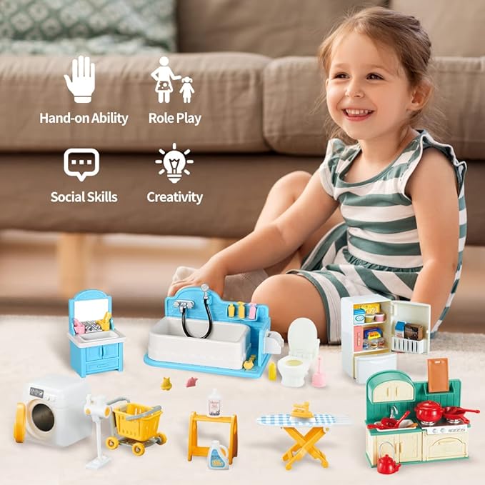 TAKIHON Dollhouse Furniture, Kitchen & Bathroom Toy Set,Fridge Washing Machine Set for Kids,Dollhouse Miniature Accessories,Educational Pretend Play Toys for Toddler,Boys & Girls