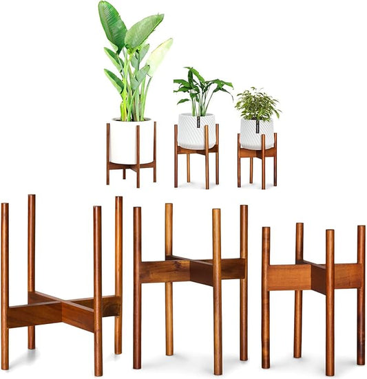 Fox & Fern Set of 3 Mid Century Plant Stand Indoor — Modern Raised Flower Pot Holder for 8, 10 & 11.8 Inch Planters (Not Included); Plug In Design; Two Height Options; Easy to Assemble - Acacia