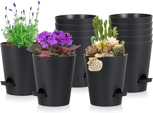12 Pack 4 Inch Self Watering Plant Pots with Drainage and Saucers,Plastic Flower Pots for Indoor and Outdoor Plants, Nursery Planters for Houseplants and Herbs Black, 4 inch 12pcs