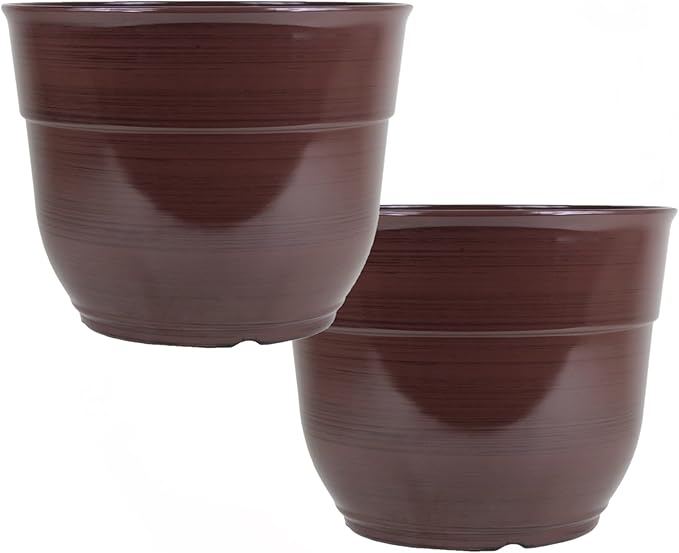 Garden Elements Indoor/Outdoor Glazed Brushed Happy Plastic Planter, Large, Dark Brown, 15" (Pack of 2)