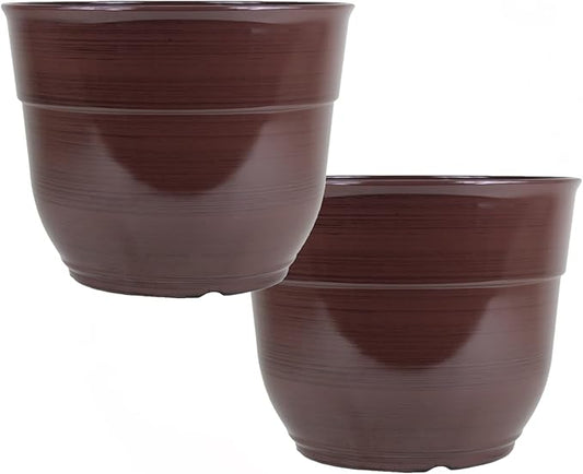 Garden Elements Indoor/Outdoor Glazed Brushed Happy Plastic Planter, Large, Dark Brown, 15" (Pack of 2)