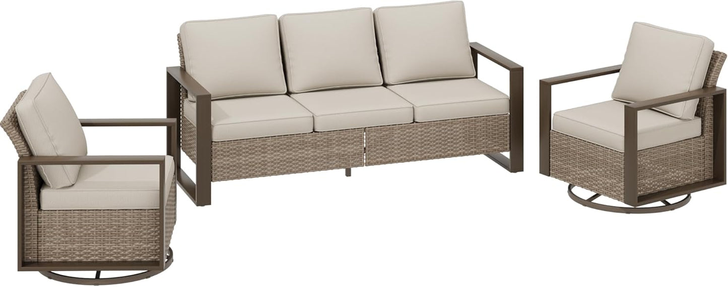 Wicker Patio 75" Sofa Set with 2 Swivel Chairs, All Weather Rattan Outdoor Conversation Furniture Set with Wood-Looking Metal Armrest & Removable Cushions for Backyard Porch, Beige
