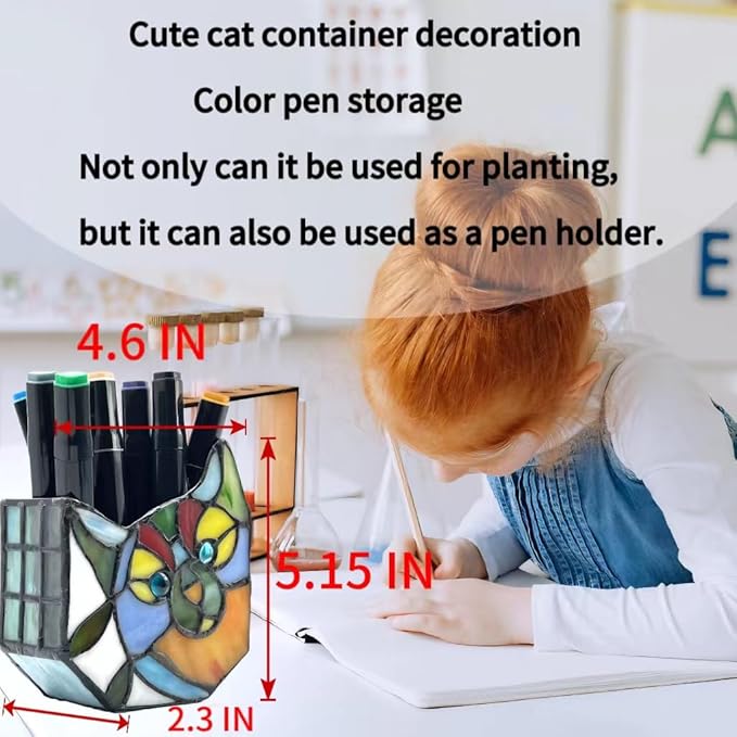 Tiffany Style Cute Cat Face Design Small Flower Pot, Unique Stained Glass Cat Planter, Tiltable Cat Decorative Flower Pot, Fun Peek-A-Boo Terrarium Decoration, Gift for Plant Women