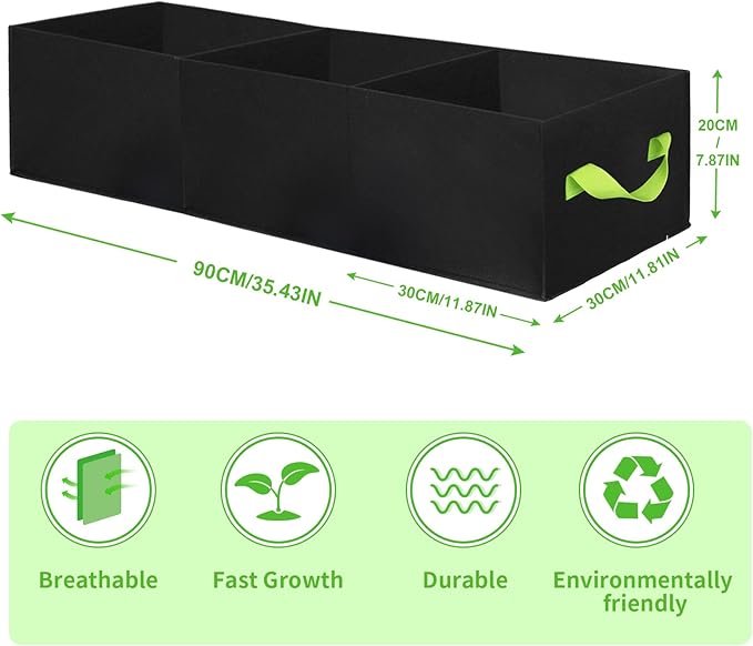 ANGELIOX 2Pcs Grow Bags, 3-Grids Rectangle Grow Bag,14 Gallon Thickened 400G Fabric Garden Bed, Nonwoven Square Flower Planter Containers for Flowers,Vegetable,Fruit, Growing Pots with Handles