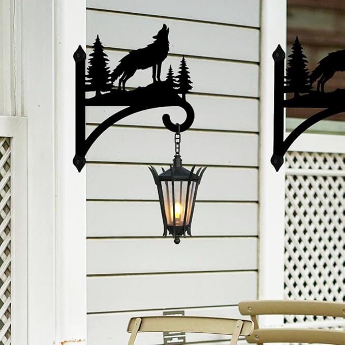 Peacoblue Iron Plant Hangers Hooks for Outdoor Indoor Hanging Plant Flower Fern Pots Lantern Bird Feeder,12"x15" Weather Resistant Metal Wall Holder for Porch Garden Farmhouse(Howling Wolf and Forest)