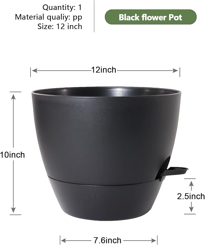 12 inch Large Self Watering Pots, Flower Plant Pots with Multi Mesh Drainage Holes for Indoor Outdoor Garden Plants and Flowers, Plastic Planters with Removable Deep Reservoir, Black
