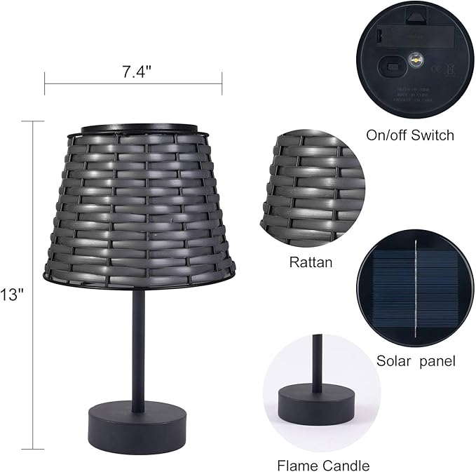 Solar Rattan Woven Desk Lamp, Outdoor Table Lamps for Patio, Garden, Bedroom, Living Room (Black)