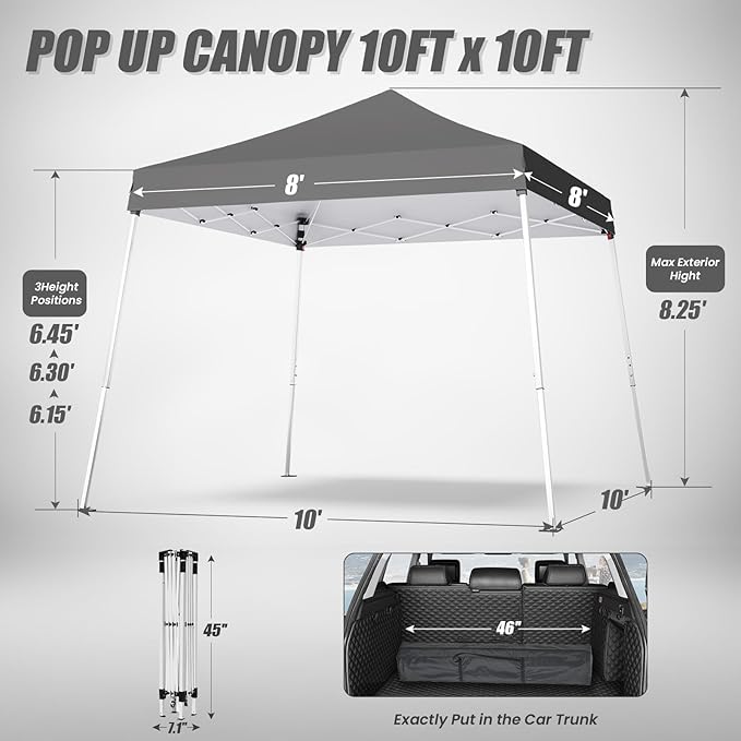 10x10 Pop Up Canopy, 300D Silver Coated Grey Fabric Outdoor Gazebo, Beach Tent Slant Legs with Storage Bag,Easy Up Sun Shade Shelter Tents with 8x8 Top Cover for Patio,Party