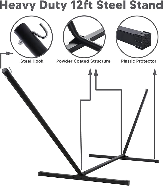 SUNCREAT Two Person Hammock with 12ft Stand Included, Max 475lbs Capacity, Heavy Duty Free Standing Hammock, Black Stripes