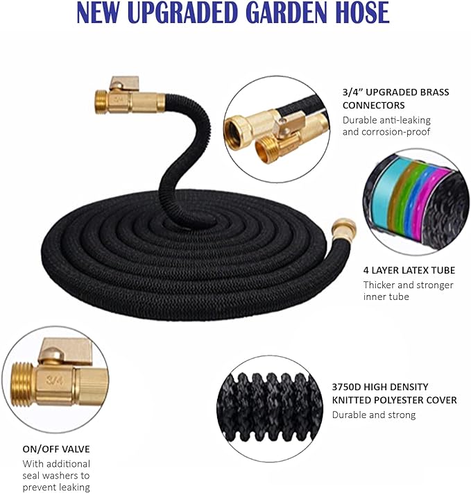 J&B XpandaHose 75ft Expandable Garden Hose with Holder - Heavy Duty Superior Strength 3750D - 4 -Layer Latex Core - Extra Strong Brass Connectors and 10 Spray Nozzle w/Storage Bag (Black 75)
