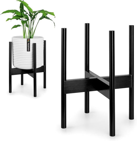 Fox & Fern Bamboo Plant Stand — 10 Inch Fixed Size Mid Century Plant Stand for Indoor Planters; Raised Flower Pot Holder for Indoors; Plug In Design; Two Height Options; Easy to Assemble - Dark Bamboo