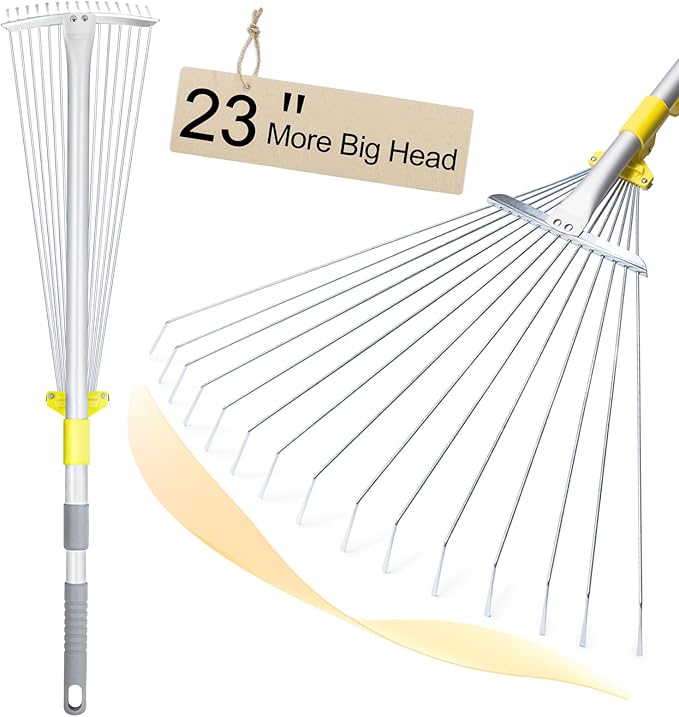 JARDINEER Adjustable Rakes for Leaves, Larger Garden Leaf Rake for Lawns Grass with 7-23" Expandable Head, Yard Collapsible Rake for Camping (64 inches)