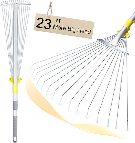 JARDINEER Adjustable Rakes for Leaves, Larger Garden Leaf Rake for Lawns Grass with 7-23" Expandable Head, Yard Collapsible Rake for Camping (64 inches)
