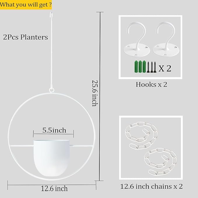 2 Pack Hanging Planters for Indoor Outdoor Plants Modern Metal Plant Hangers Wall and Ceiling Hanging Plants Baskets Mid Century Minimalist Flower Pots Home Decor, White