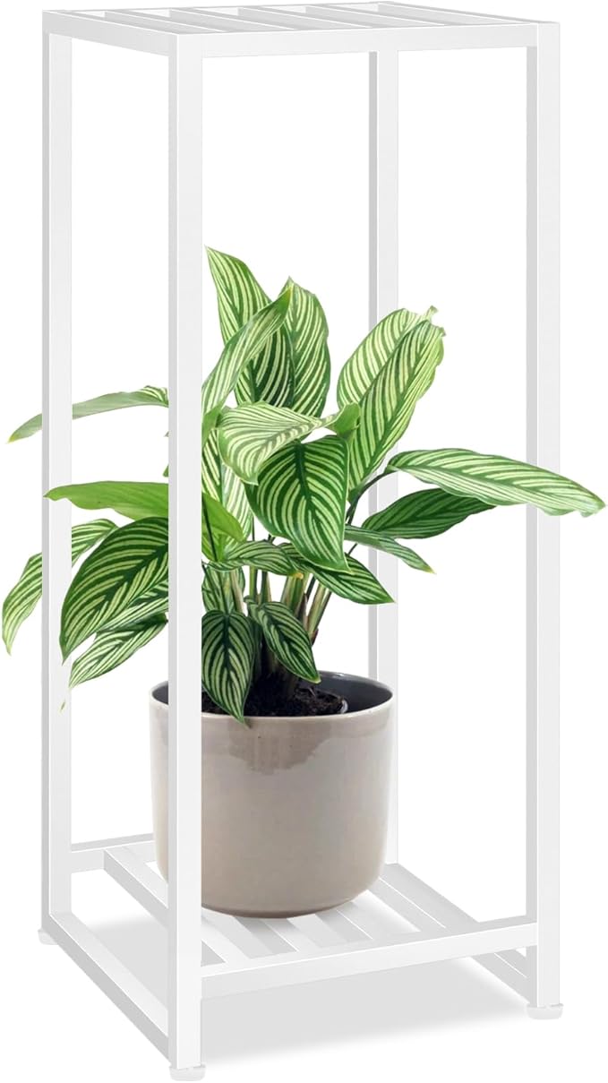 Plant Stand Indoor Outdoor, Wrought Iron Pedestal Stands 2 Tier Heavy Duty Metal Plant Stand Decorative Flower Stand for Patio Garden Deck Living Room, White