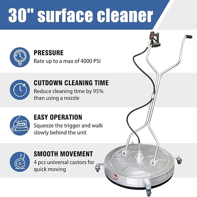 JANZ 30'' Pressure Washer Surface Cleaner with 4 Wheels,Dual Handle,Stainless Steel Housing, 2 Hose Adapters and 4 Replacement Nozzle Cores,Ideal for Driveways, Sidewalks,Patios,Decks Cleaning