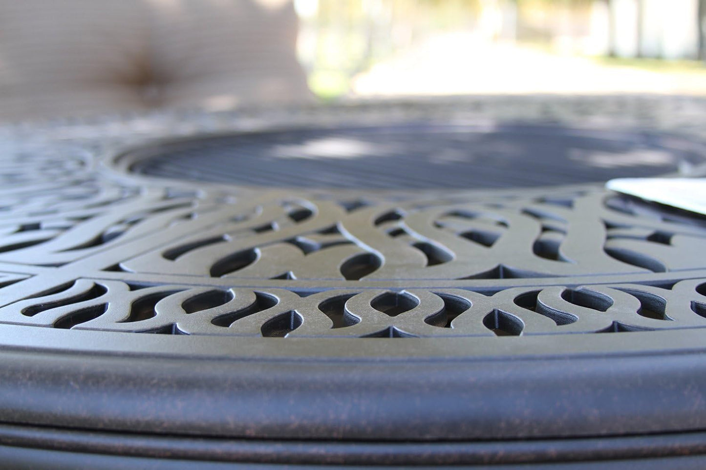 Grand Tuscany Outdoor Patio 7 pcs Round Fire Gas 52" Dining Set Dark Bronze Cast Aluminum Sunbrella Cushions