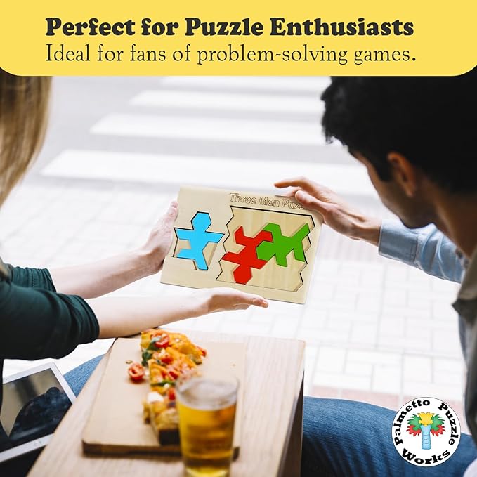 Palmetto Puzzle Works Three Men Puzzle – Wooden Puzzles for Teen' & Adults, Educational Games for Families & Unique Gift Ideas for Classroom Games, Shape and Pattern Brain Teaser Puzzles for Ages 14+