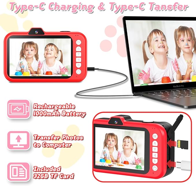 Kids Camera, Toddler Digital Camera with Rotating Zoom Lens, 3.5” Large Screen, 1080P Toy Camera for Kids with Flash, 32GB Card, Birthday Gifts for Boys Girls 3 4 5 6 7 8 9 10 11 12 Year Old