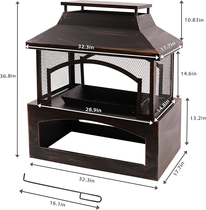 Bestier 37" Fire Pits, Wood Burning Fireplace for Outside Rectangular Chiminea Outdoor Firepits with Poker, Wood Storage, Rain Cover and Removable Fire Grill for Patio, Garden, Backyard, Camping