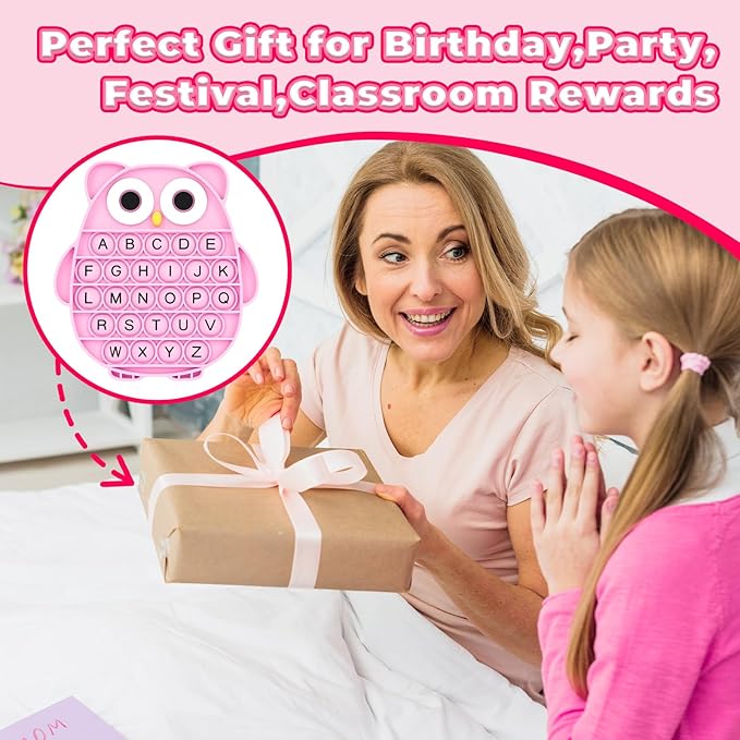 Fidget Toys for Kids, Owl Shaped Silicone Squeeze Sensory Toys, Alphabet Bubble Stress Anxiety Relief Relax Tools for Kids Adults School Classroom Gift Party Favors (Pink)