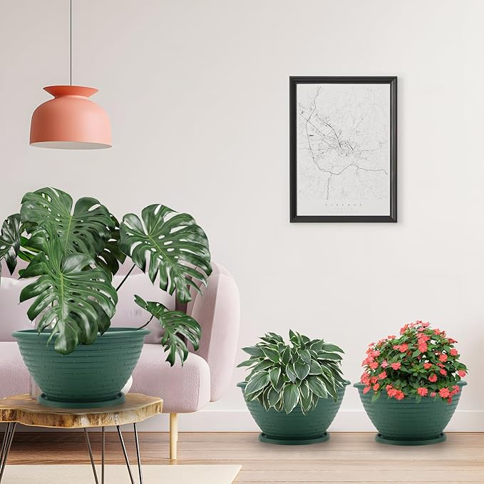 Quarut Large-Planter-Indoor-Outdoor Plant Pots, 12 inch 4 Pack Flower Pots with Saucer and Drainage Holes, Modern Planters for Planting Medium Large Plants,Decorative Resin Garden Pots(Green)