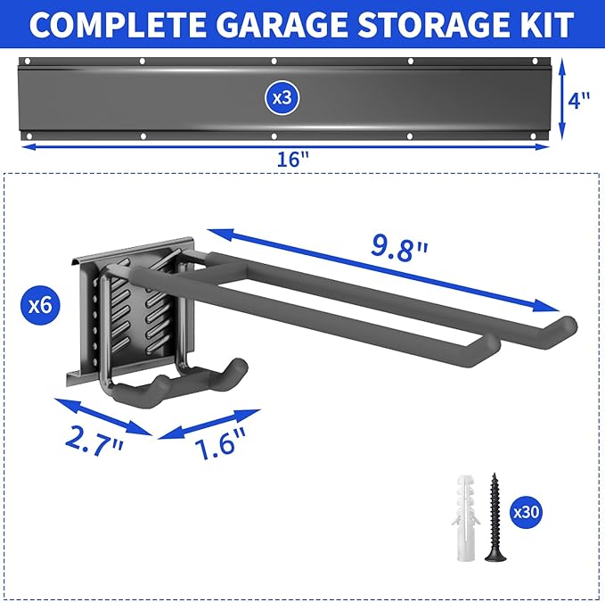 Garage Organization Tool Organizer Wall Mount, 48inch Heavy Duty Garden Tool organizer Storage System, Easy Install With 6 Adjustable Bilayer Hooks, For Garage, Basement, Shed, Workshop(Black)