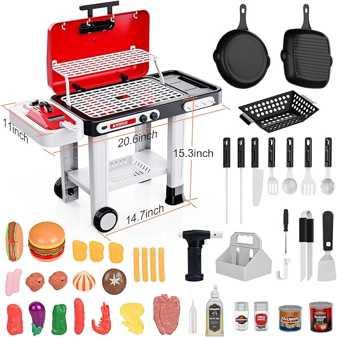 Kids BBQ Grill Kitchen Playset, Color Changing Play Food, Sizzling Sound & Light Effects, Cool Mist Spray, Pretend Cooking with Frying & Grilling, 2-Tier BBQ on Wheels - Kitchen Toy Gift Ideas