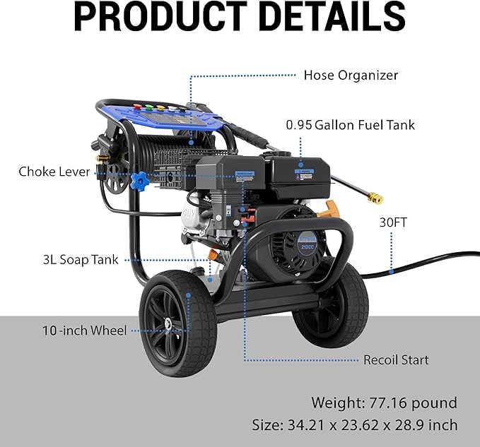3600 PSI Gas Pressure Washer, 2.3 GPM Heavy-Duty Power Cleaner with 212CC Engine, 5 Quick-Connect Nozzles, 30FT Hose & Reel, Maintenance-Free Axial Cam Pump, for Commercial, Home Cleaning