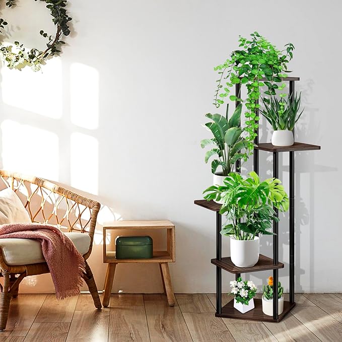 5 Tier Wood Tall Plant Stand Metal Rack Indoor, Multiple Flower Pot Holder Shelves Corner Rack, Planter Shelf Display Rack Storage Organizer for Patio Living Room Balcony Garden(Black Oak)