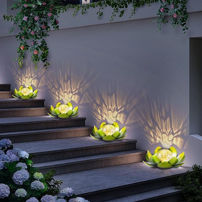 Huaxu Solar Lights Outdoor Garden Decoration Crackle Globe Glass Waterproof LED Metal Green Lotus Flowers Gift for Mom,Women,Patio,Lawn,Walkway,Tabletop,Ground