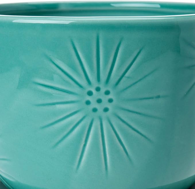 MyGift 7 Inch Round Turquoise Ceramic Plant Pot with Drainage Hole and Attached Saucer, Modern Decorative Embossed Sunburst Planter Container for Indoor Home Garden