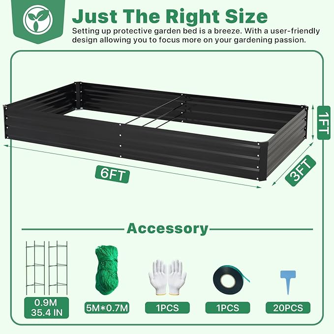 ONCEMORE Galvanized Raised Garden Bed for Vegetables Flowers Herbs, Metal Raised Garden Bed Kit with 2 PCS Tomato Cage, Gloves, Trellis Netting, Plant Labels, Plant Ties, Black 6×3×1FT